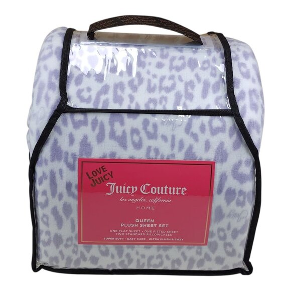 Juicy Couture Queen Plush Sheet Set Ultra Soft Cozy Leopard Print Lavender - Picture 1 of 8